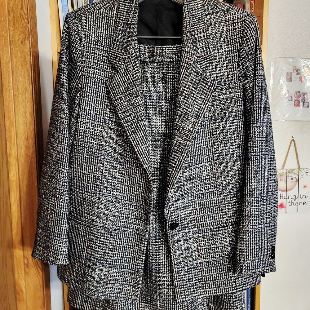 Black and White Plaid Blazer and Skirt Set
